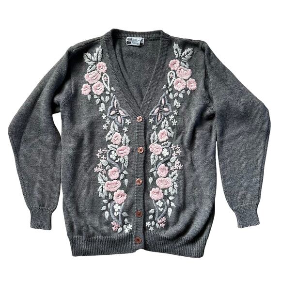 Coquette Girl Floral Embroidered Wool Blend Cardigan Gray Size Medium Petite - Picture 1 of 6